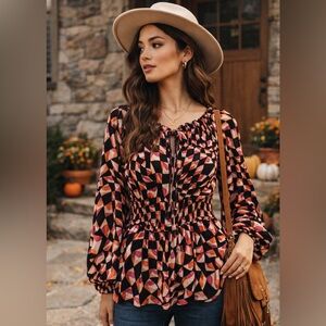 Ninety Clothing Co Geometric Boho Peplum Blouse M NWOT Retro Chic Pink Black